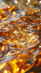Close-up of shimmering golden liquid with fluid, reflective waves and highlights creating a warm, abstract and dynamic visual texture.