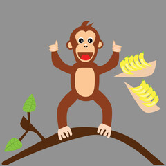 Happy cartoon monkey giving thumbs up while standing on tree branch, excited with bunches of bananas. Fun, cheerful, tropical jungle-themed illustration for kids and education.