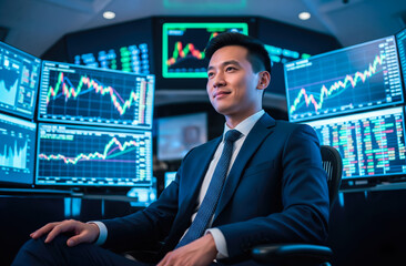 A businessman sits confidently with a glowing financial stock graph display behind him. The concept of market strategy, economic growth, and data-driven investment.