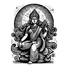 Detailed Woodcut Illustration of Seated Deity in Traditional Attire With Halo