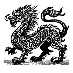 Intricate Monochrome Asian Dragon Illustration with Traditional Design Elements