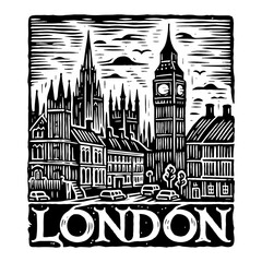 London Skyline Black and White Drawing of Cityscape with Big Ben and Buildings