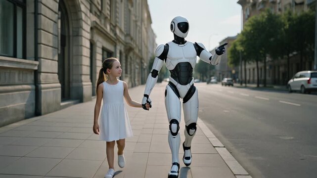 Happy Child Girl Walking with Humanoid Robot Cyborg Talking Smiling, Street Outdoors Futuristic Future Machine Artificial Intelligence Innovative Communication High-Tech, Technology and Human-AI Bond