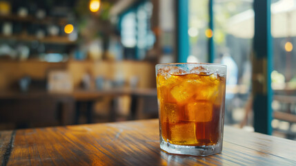 Refreshing cold brew iced tea with orange slices, herbs, and cardamom on wooden table

