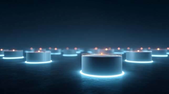 Futuristic glowing circular platforms arranged in a grid pattern on a dark surface with blue neon light accents.