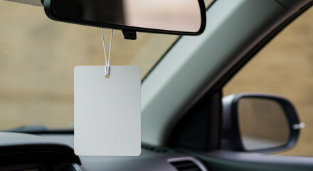 Pink Flower Pot Air Freshener Mockup: Blank Tag, Car Interior, Modern Minimalist Style.
