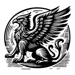 Obraz premium Monochrome Engraving of a Majestic Griffin with Intricate Details and Strong Line Work