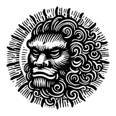 Obraz premium Monochrome Face Graphic with Curly Hair and Radiating Lines Antique Design