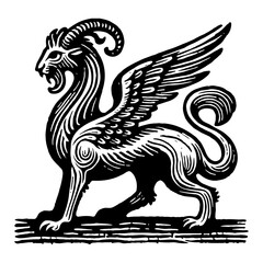 Monochrome Illustration of a Mythological Creature With Ram Head and Lion Body