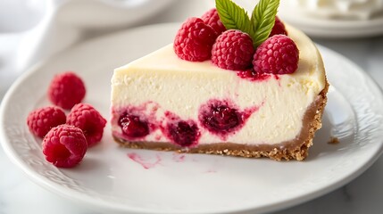 Slice of Raspberry Cheesecake with Fresh Berries and Mint Garnish