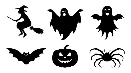 Set of Halloween silhouette collection elements on tranparent background