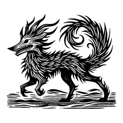 Monochrome Mythical Beast Creature Woodcut Illustration with Intricate Fur Details