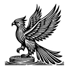 Fototapeta premium Monochrome Vector Graphic of an Eagle Perched on a Round Pedestal With Spread Wings