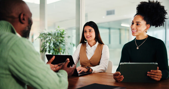 Hiring, recruitment and business people in office, tablet and conversation with onboarding. Employees, human resource management and candidate in meeting, tech and job interview with discussion