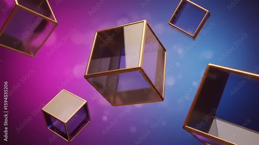 Poster floating golden cubes: abstract 3d animation on vibrant gradient background