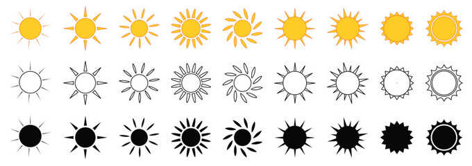 Sun Vector Collection Isolated on White Background, Cute summer sunshine emoji collection. Yellow childish sunny emoticon. baby sun with sunbeams