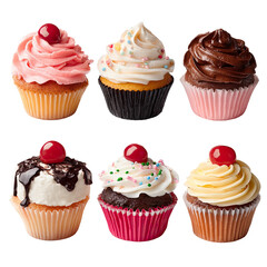 Six cupcakes with various frosting colors and toppings