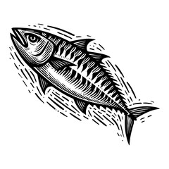 Stylized Black and White Fish Illustration with Etched Texture on White Background