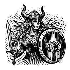 Obraz premium Vintage Illustration of a Female Warrior with Horned Helmet and Shield in Black and White