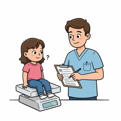 A young girl sits on a scale while a male nurse or doctor holds a clipboard and pen, presumably recording her weight.