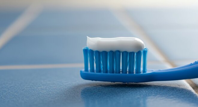 Close-up of a blue toothbrush with white toothpaste, highlighting oral hygiene and dental care