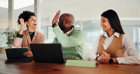 Business people, team and high five with tech at startup with smile, success and motivation for goals at office. Man, women and celebration with tablet, laptop or collaboration at creative agency