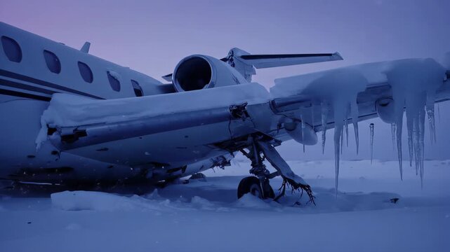 A Crashed Business Jet Frozen in a Snowy Wasteland, with Heavy Icicles Hanging from the Wings, Creating a Haunting and Eerie Atmosphere.