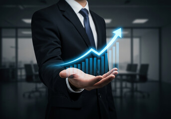 Businessman presents a glowing upward trend graph in his palm