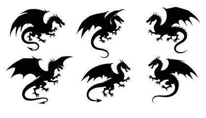 Dragon silhouettes set. Black dragon collection.