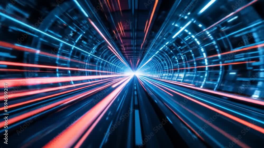 Poster abstract futuristic tunnel with neon lights and data stream, digital speed motion