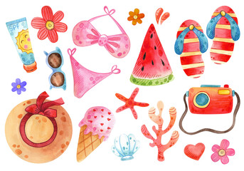 Set of watercolor beach illustrations. Hand drawn summer objects: swimsuit, camera, beach umbrella, sunglasses, hat. Illustration on white background. Summer icons, stickers. Tropical vacation.