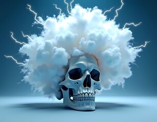 skull with hair made of white clouds that emit flashes of lightning. Generate AI