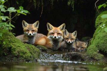Red fox family resting near a stream