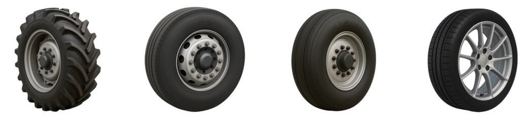 car and airplane wheels isolated on white background