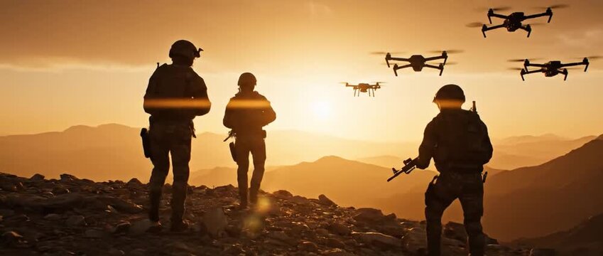 Soldiers and drones on mountain ridge at sunset