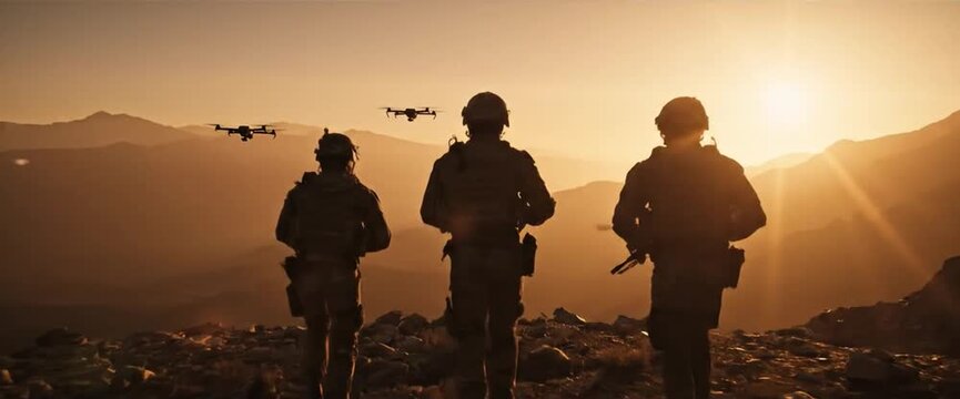 Soldiers and drones on mountain ridge at sunset