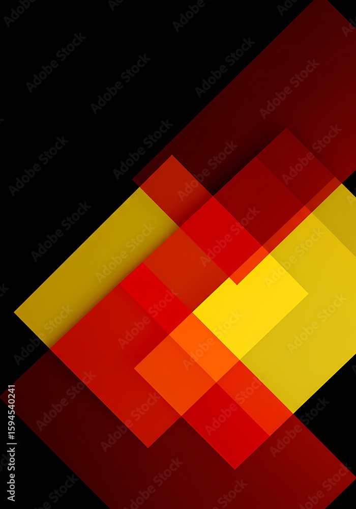 Poster a striking abstract piece with vibrant red and yellow rectangles, showcasing transparency and dynami
