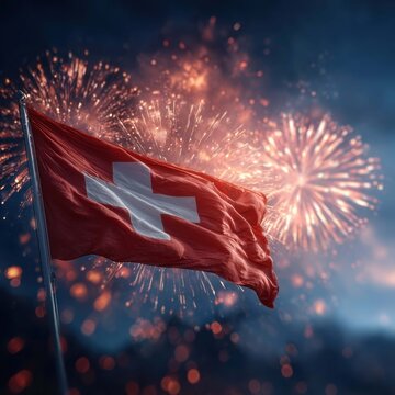 Celebrating Swiss National Day with Fireworks and Flag