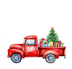 Watercolor Red Christmas Truck Clipart Background with Copy Space, Christmas Tree, Gifts