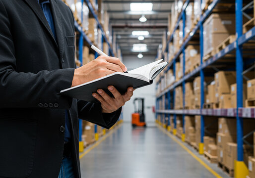 Manager checks inventory in a warehouse with a notebook