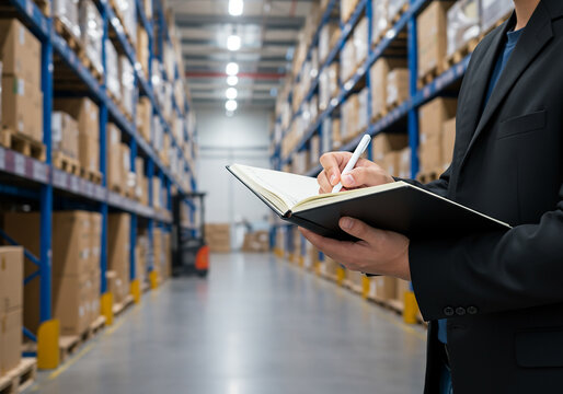 Manager checks inventory in a warehouse with a notebook - Powered by Adobe