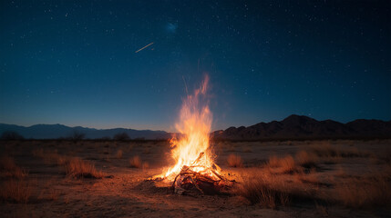Burning Embers: An enchanting scene unfolds as a mesmerizing bonfire dances under a starlit sky, casting a warm glow upon the surrounding landscape, capturing the essence of tranquility.