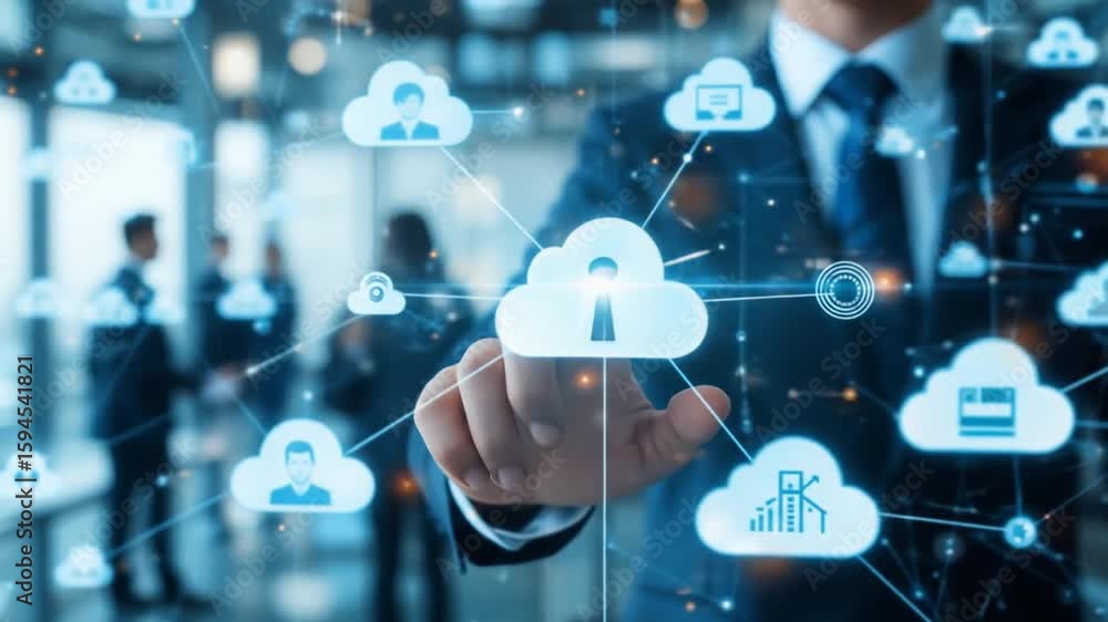 Poster cloud computing and cybersecurity concept with a businessman interacting with cloud icons