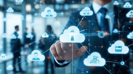 Cloud computing and cybersecurity concept with a businessman interacting with cloud icons