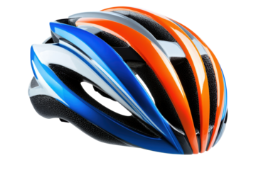 Colorful bicycle helmet with blue and orange accents
