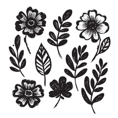 Hand drawn monochrome floral and leaf elements collection for design and decoration
