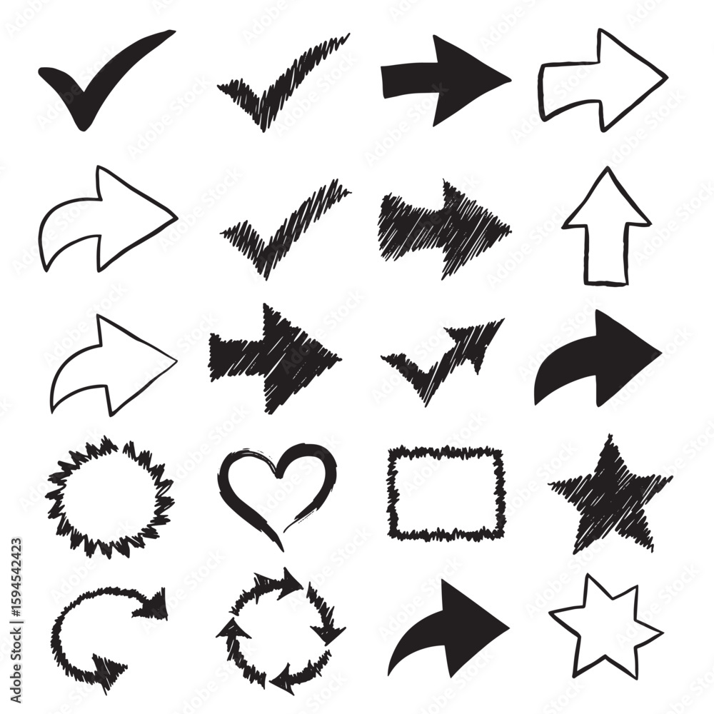 Aufkleber hand drawn sketchy design elements including arrows checkmarks shapes and frames