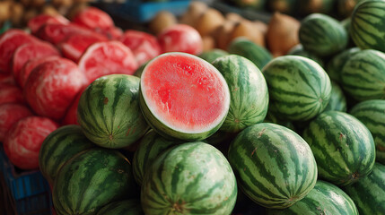 Summer watermelon bounty: a close-up view showcasing a colorful arrangement of fresh watermelons, ripe and ready to enjoy.