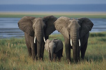 A gentle African elephant mother and her baby graze peacefully in the wild savanna