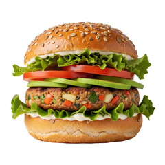 A delicious plant based veggie burger featuring a hearty patty, fresh lettuce, ripe tomatoes, and creamy avocado slices, perfect for healthy eating concepts.